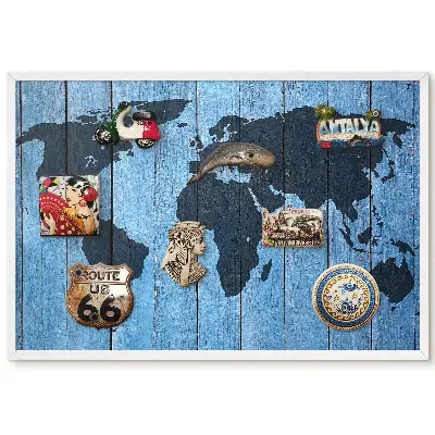 Tableau magnétique carte du monde sur fond en bois pour collection d'aimants
