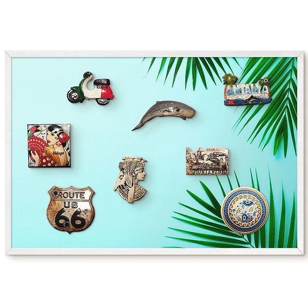 Tableau magnétique décoratif avec cadre motif feuilles de palmier vertes sur fond pastel
