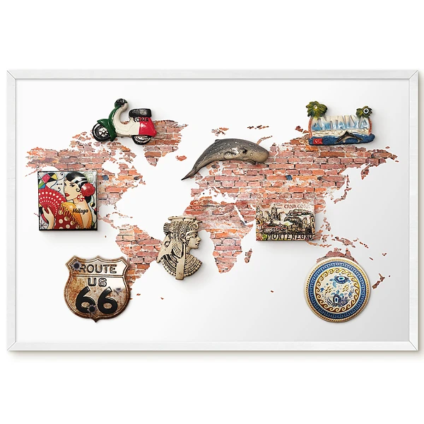 Tableau magnétique décoratif Monde de briques avec cadre sur fond blanc