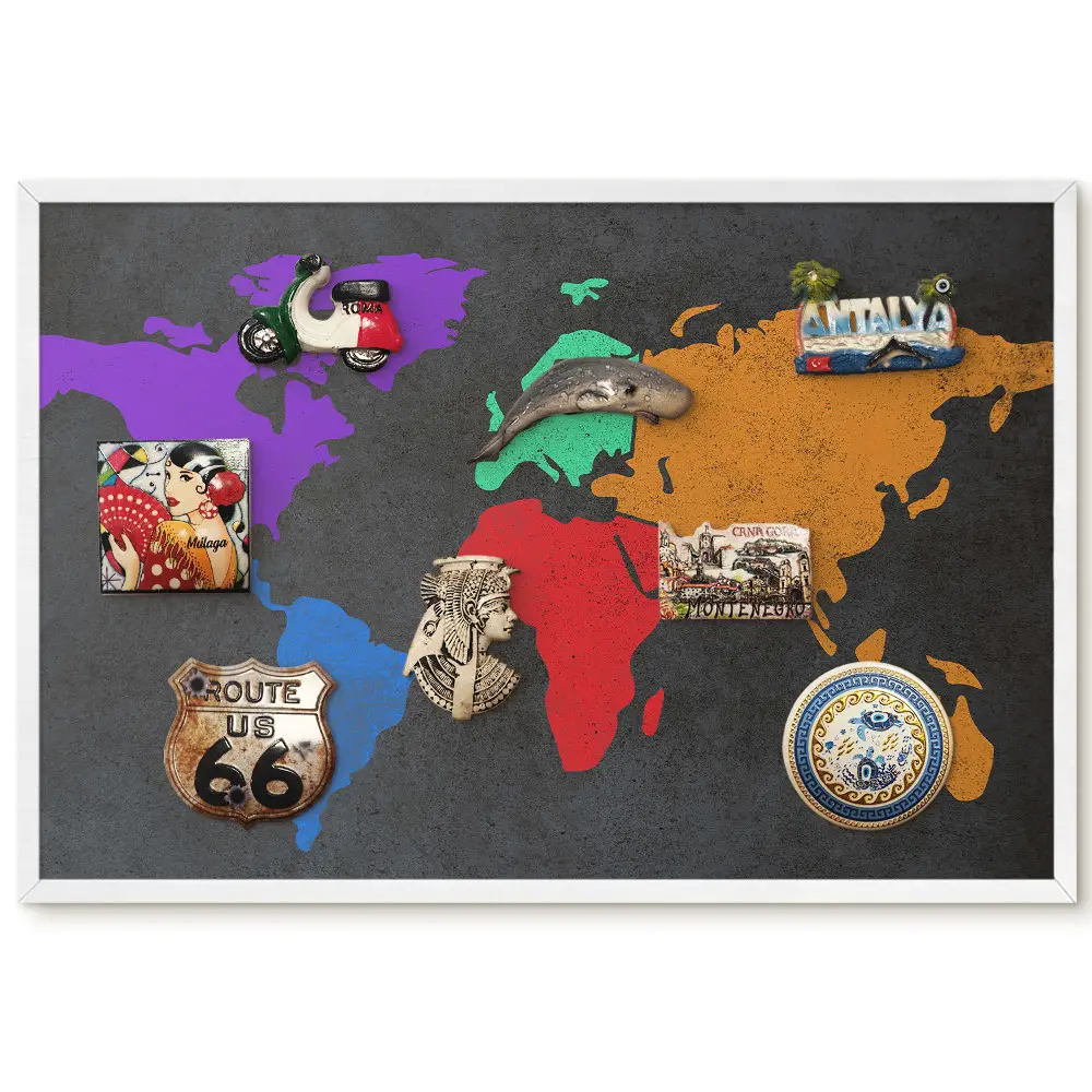 Tableau magnétique décoratif avec cadre Carte du monde colorée sur fond sombre
