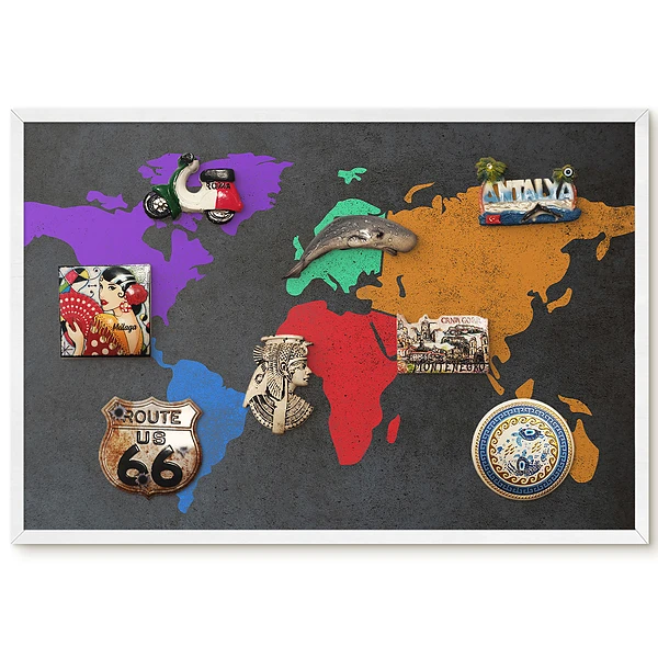 Tableau magnétique décoratif avec cadre Carte du monde colorée sur fond sombre