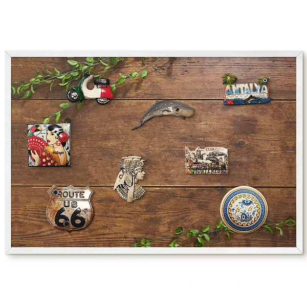 Tableau magnétique décoratif avec cadre motif planches de bois et feuilles vertes