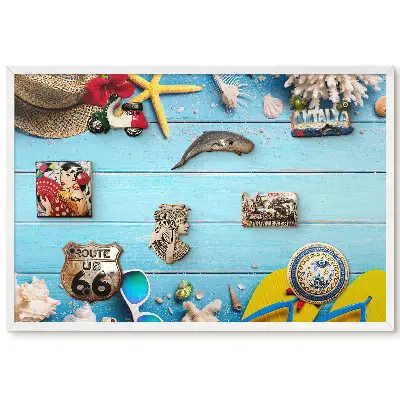 Tableau magnétique décoratif avec cadre motif ambiance estivale coquillages et planches bleues