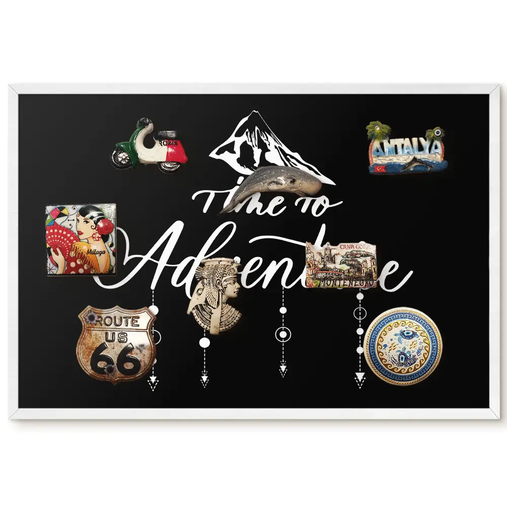Tableau magnétique décoratif avec cadre motif montagne et slogan sur fond noir
