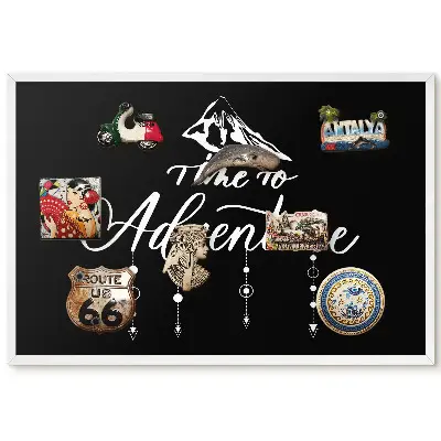 Tableau magnétique décoratif avec cadre motif montagne et slogan sur fond noir