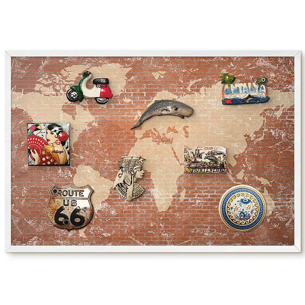 Tableau magnétique décoratif carte du monde sur fond briques style industriel