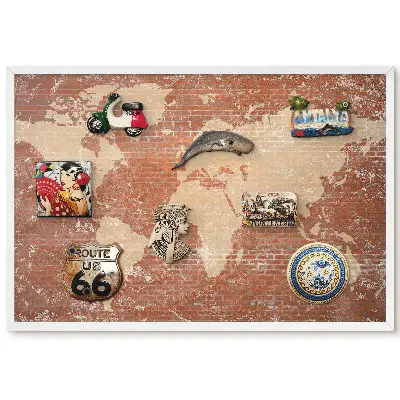 Tableau magnétique décoratif carte du monde sur fond briques style industriel