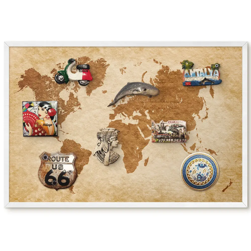 Tableau magnétique décoratif Carte du monde aux tons bruns avec cadre élégant