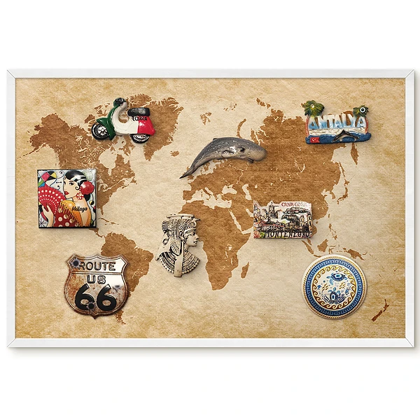 Tableau magnétique décoratif Carte du monde aux tons bruns avec cadre élégant