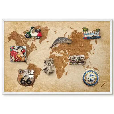 Tableau magnétique décoratif Carte du monde aux tons bruns avec cadre élégant