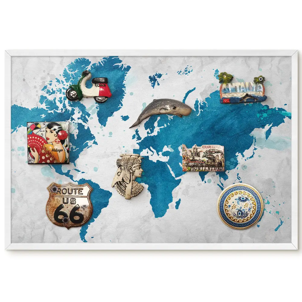 Tableau magnétique carte du monde aquarelle sur fond bleu
