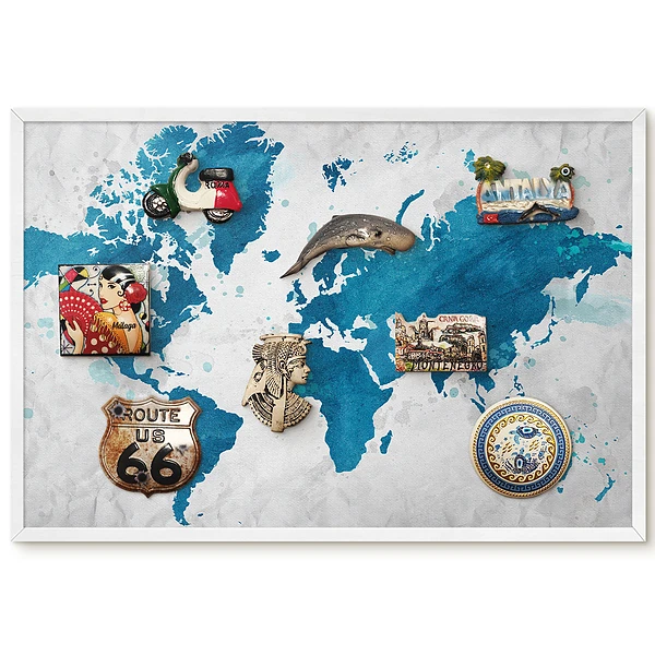 Tableau magnétique carte du monde aquarelle sur fond bleu