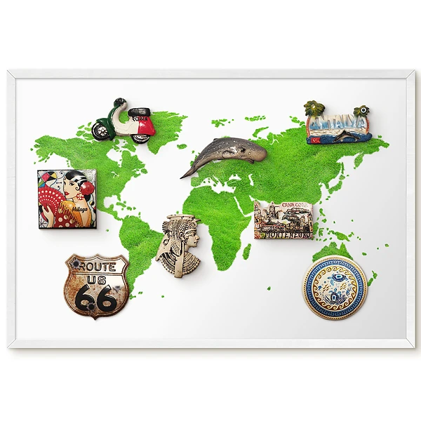 Tableau magnétique carte du monde fond blanc et vert