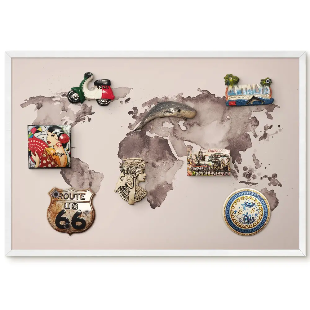 Tableau magnétique décoratif avec cadre carte du monde marron