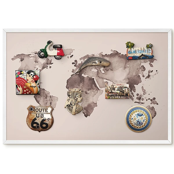 Tableau magnétique décoratif avec cadre carte du monde marron