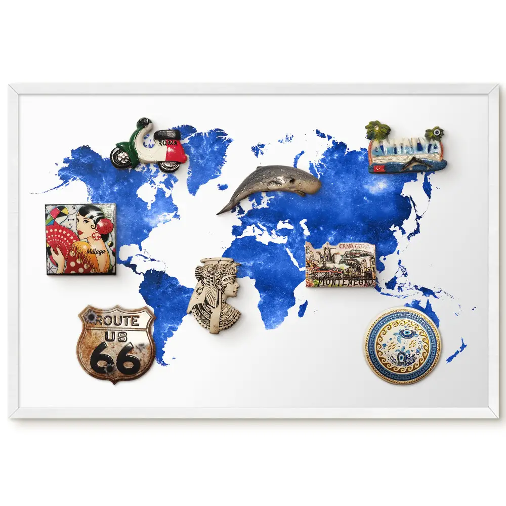 Tableau magnétique décoratif avec cadre carte du monde artistique sur fond bleu