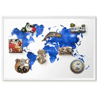 Tableau magnétique décoratif avec cadre carte du monde artistique sur fond bleu