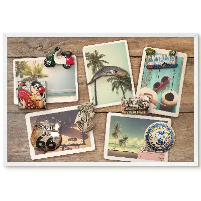 Tableau magnétique décoratif avec cadre motif cartes postales rétro tropicales