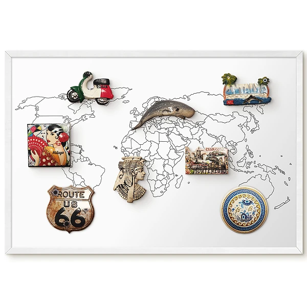 Tableau magnétique carte du monde noir et blanc sans fond