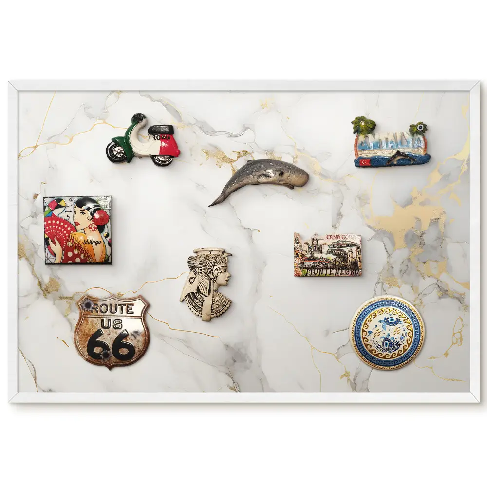 Tableau magnétique décoratif avec cadre fond blanc motifs gris et touches de jaune