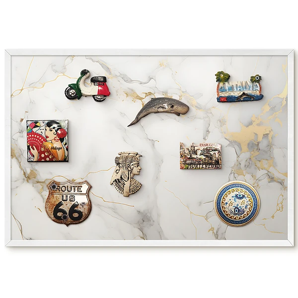 Tableau magnétique décoratif avec cadre fond blanc motifs gris et touches de jaune