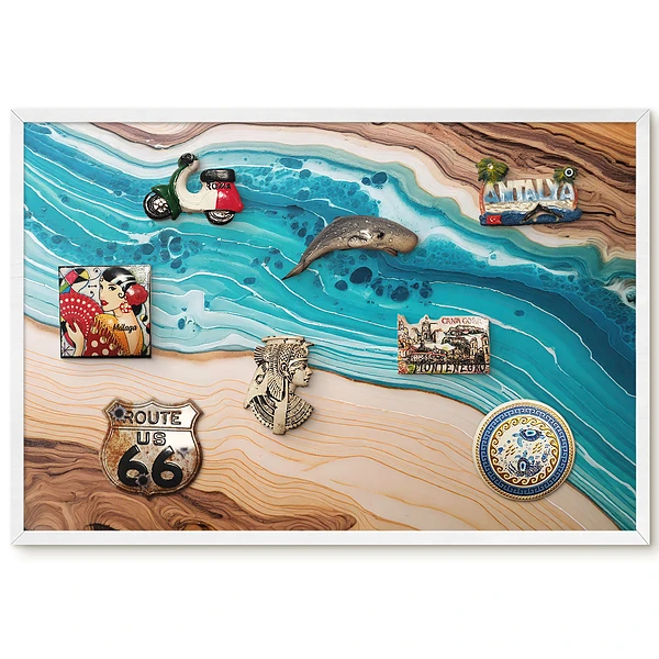 Tableau pour collection d'aimants aux tons brun et turquoise