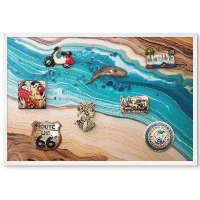 Tableau pour collection d'aimants aux tons brun et turquoise