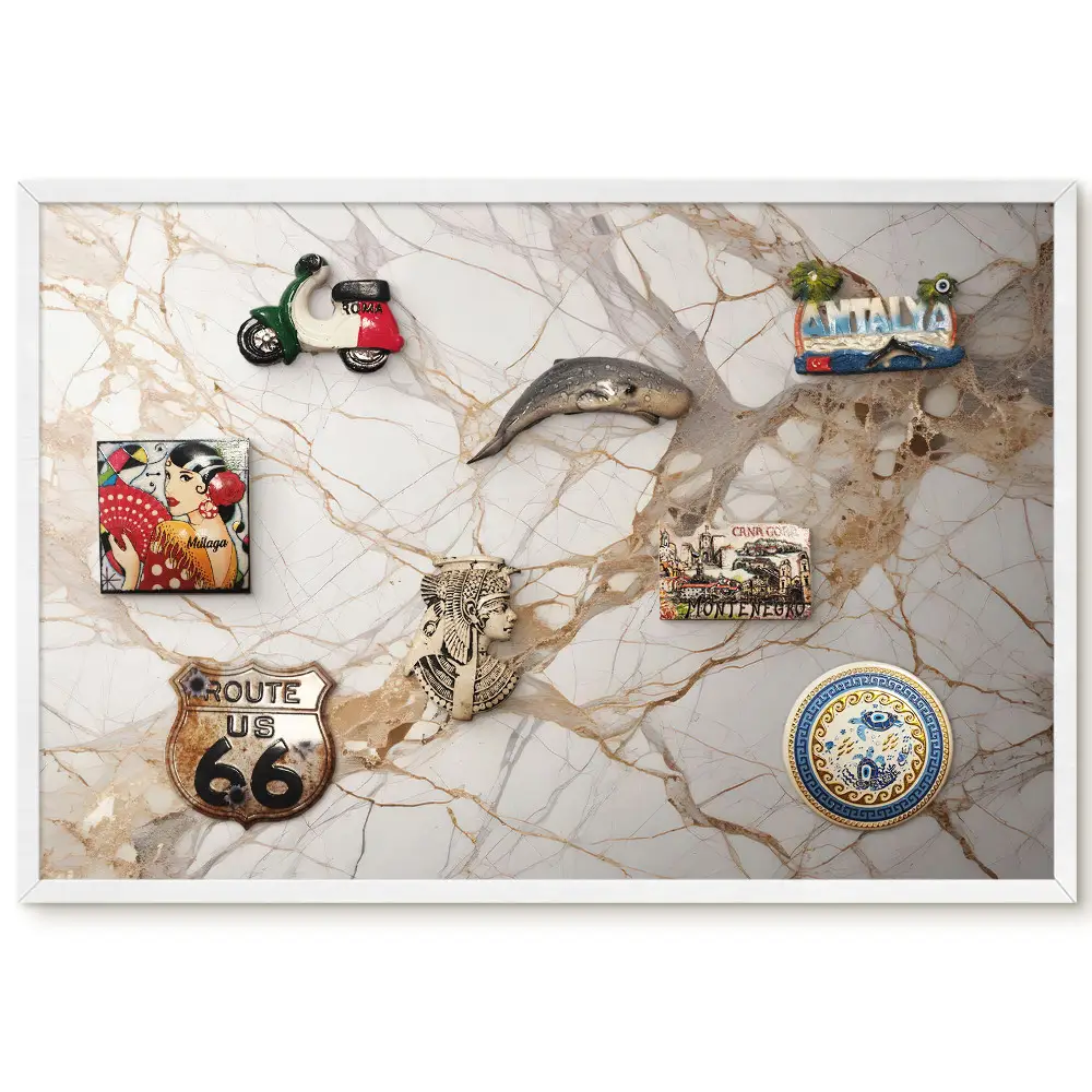 Tableau magnétique décoratif avec cadre motif marbré aux lignes claires et brunes