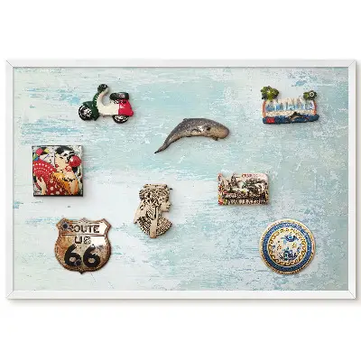 Tableau magnétique décoratif avec cadre motif tons bleus et gris entrelacés sur fond uni