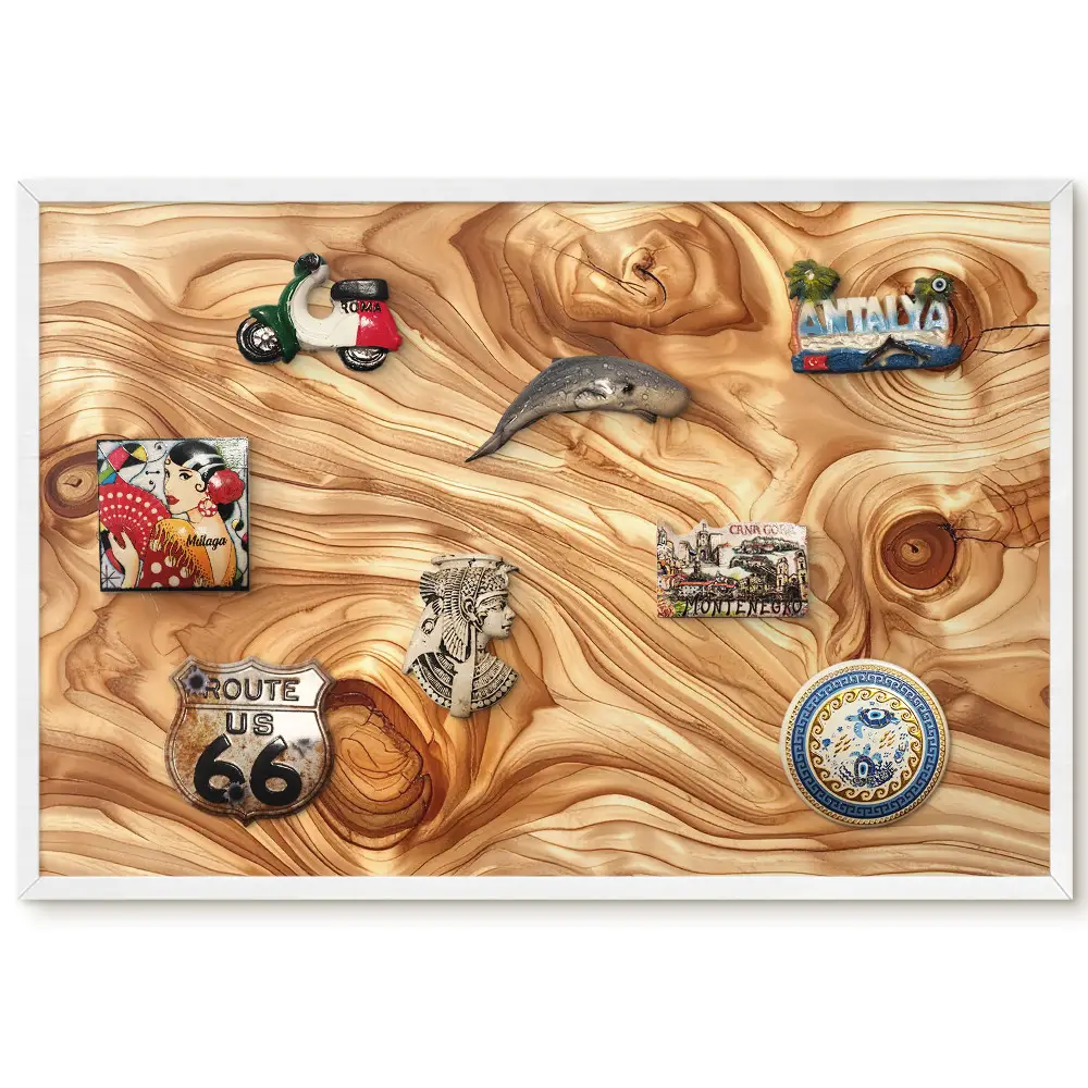 Tableau magnétique décoratif avec cadre en bois aux formes organiques et couleurs chaudes