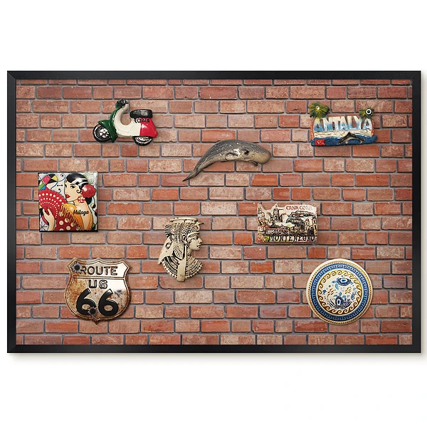 Tableau magnétique décoratif avec cadre motif mur de briques brutes aux teintes chaudes