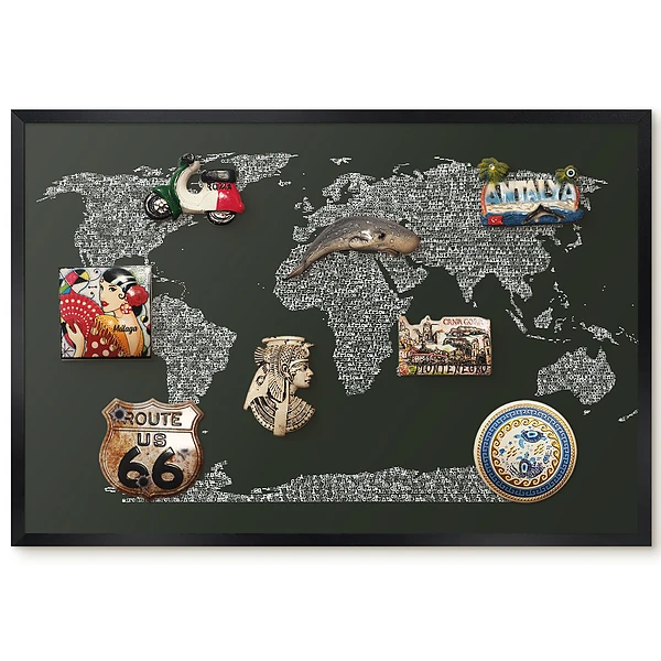 Tableau magnétique décoratif avec cadre carte du monde en lettres