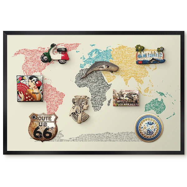 Tableau magnétique carte du monde colorée avec lettrage des continents