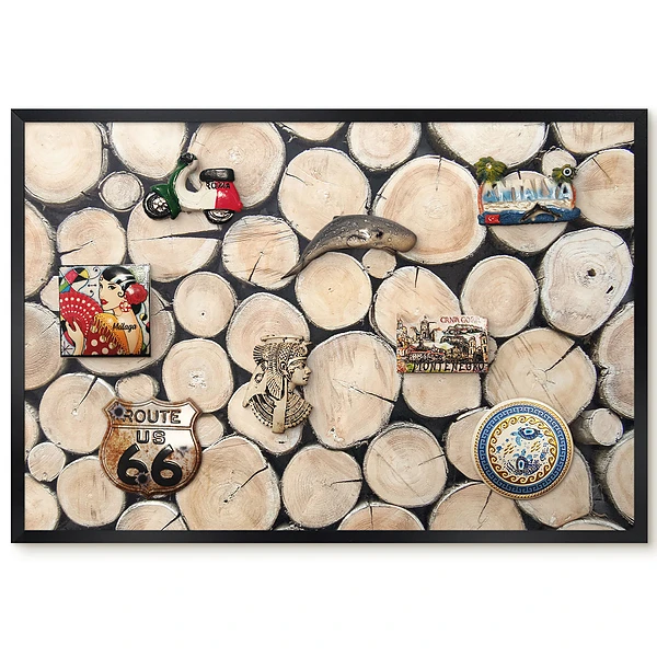 Tableau magnétique décoratif avec cadre Disques en bois sur fond sombre