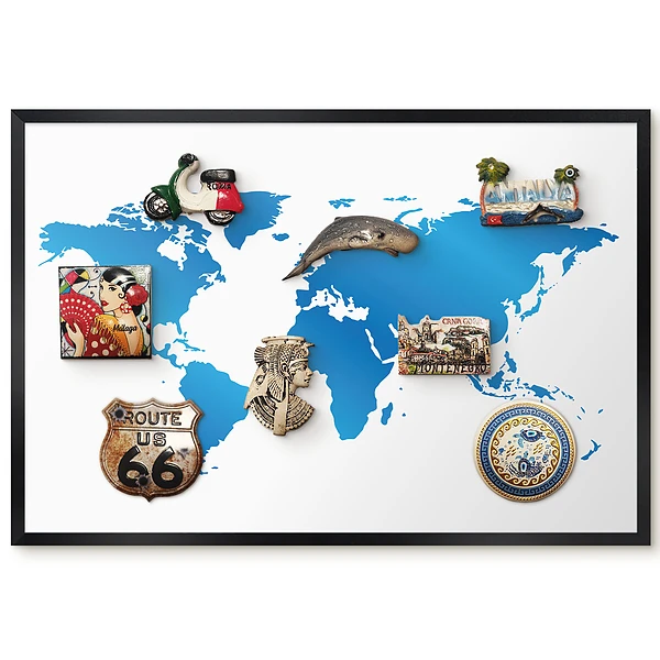 Tableau magnétique carte du monde tons bleus pour aimants