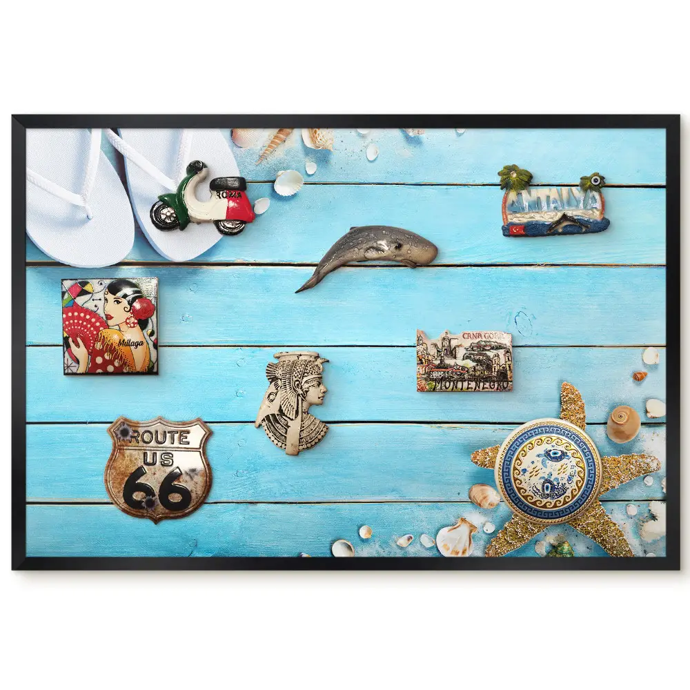Tableau magnétique pour collection d'aimants motif bord de mer avec tongs et étoiles de mer