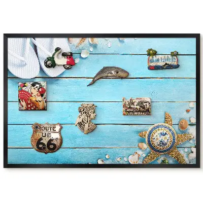 Tableau magnétique pour collection d'aimants motif bord de mer avec tongs et étoiles de mer