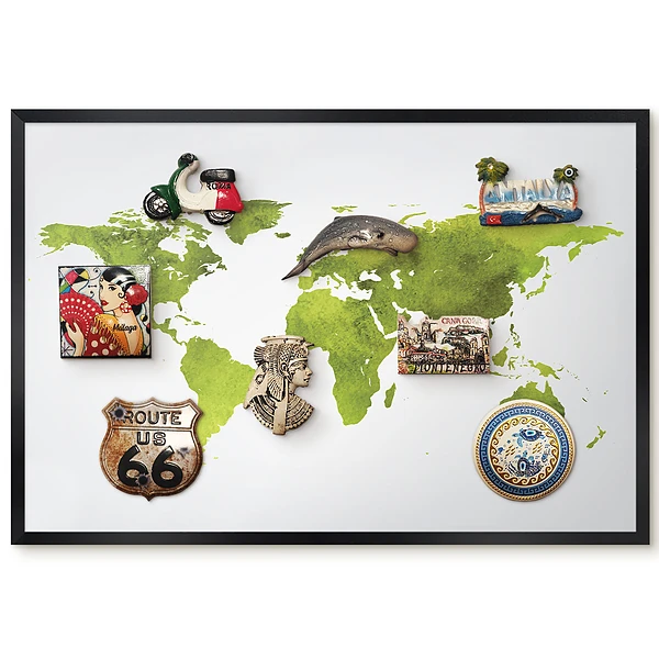 Tableau magnétique pour aimants avec motif de carte du monde aquarelle verte