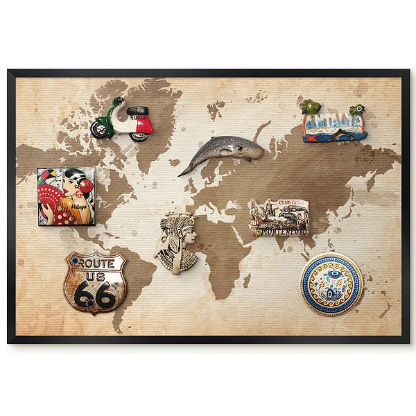 Tableau magnétique décoratif Carte du monde vintage marron avec cadre