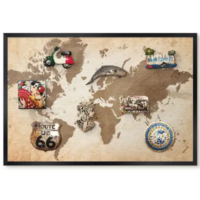 Tableau magnétique décoratif Carte du monde vintage marron avec cadre