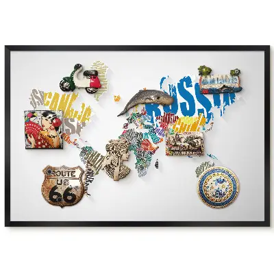 Tableau magnétique décoratif avec cadre représentant une carte du monde aux inscriptions colorées