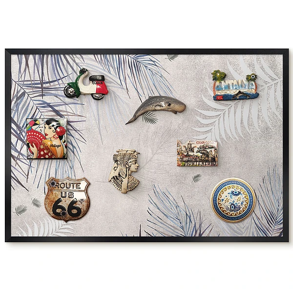 Tableau magnétique décoratif avec cadre motif feuilles de palmier sur fond beige