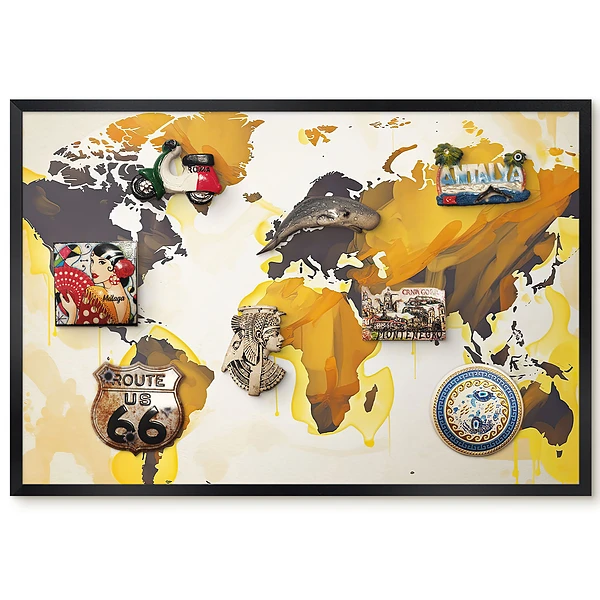 Tableau magnétique décoratif avec cadre motif carte du monde abstraite tons jaunes