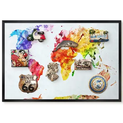 Tableau magnétique décoratif cadre carte du monde aquarelle