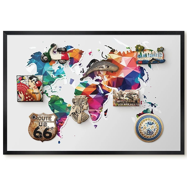 Tableau magnétique carte du monde géométrique colorée