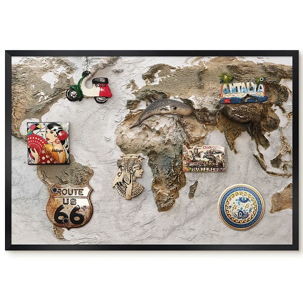 Tableau magnétique décoratif Carte du monde en relief aux couleurs terreuses avec cadre