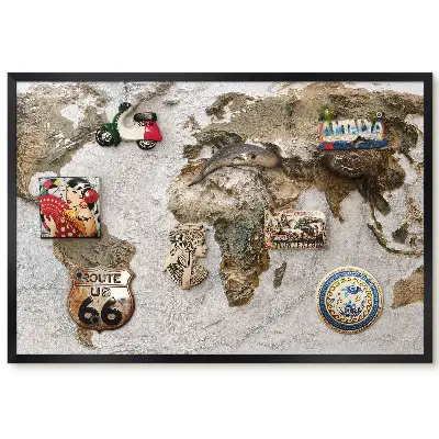 Tableau magnétique décoratif Carte du monde en relief aux couleurs terreuses avec cadre