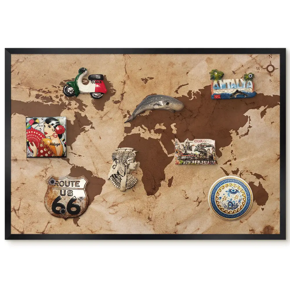 Tableau magnétique décoratif avec cadre carte du monde en tons beige et marron