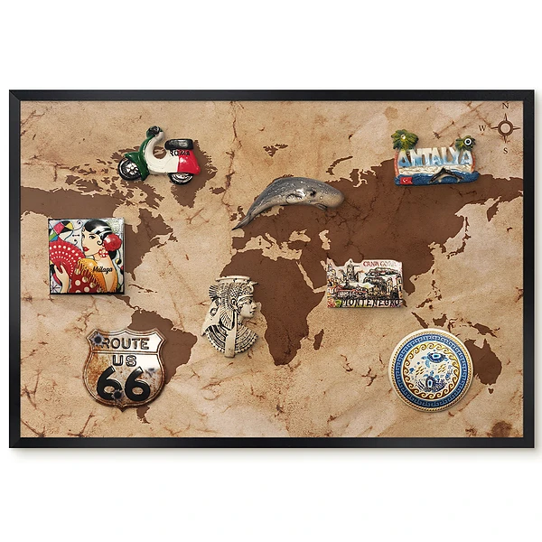 Tableau magnétique décoratif avec cadre carte du monde en tons beige et marron