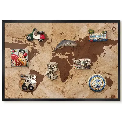 Tableau magnétique décoratif avec cadre carte du monde en tons beige et marron